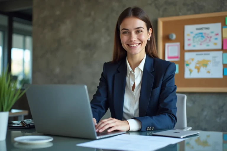 Jeune femme d'affaires au bureau avec ordinateur portable