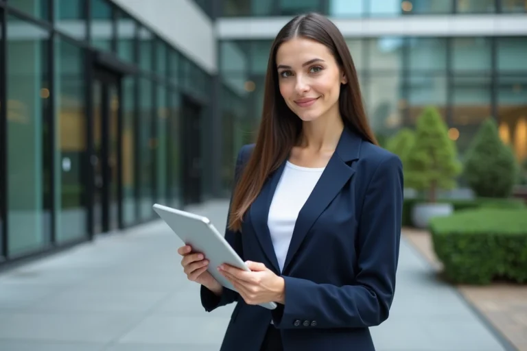 Jeune femme d'affaires avec tablette devant bureau moderne