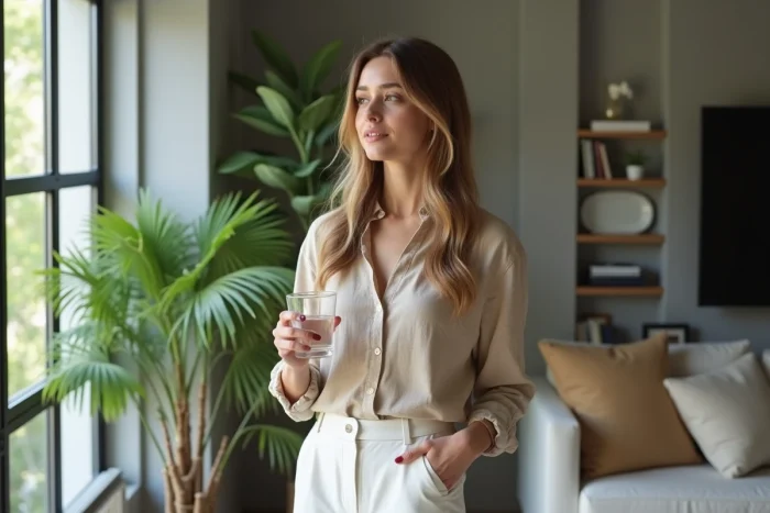 Jeune femme influenceuse dans un appartement moderne, évoquant la vie privée et les rumeurs de couple sur les réseaux sociaux