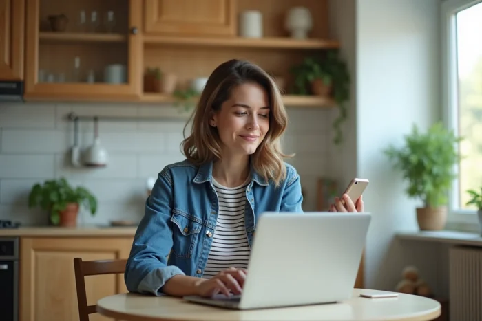 Jeune femme en cuisine avec ordinateur et smartphone