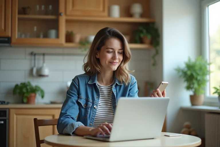 Jeune femme en cuisine avec ordinateur et smartphone