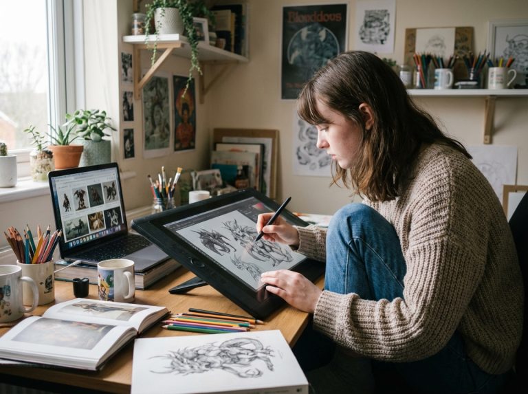 Jeune femme en studio dessinant des personnages fantasy