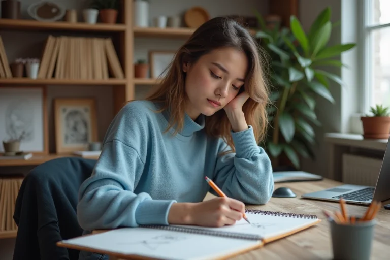 Jeune femme en train de dessiner dans son espace créatif intérieur