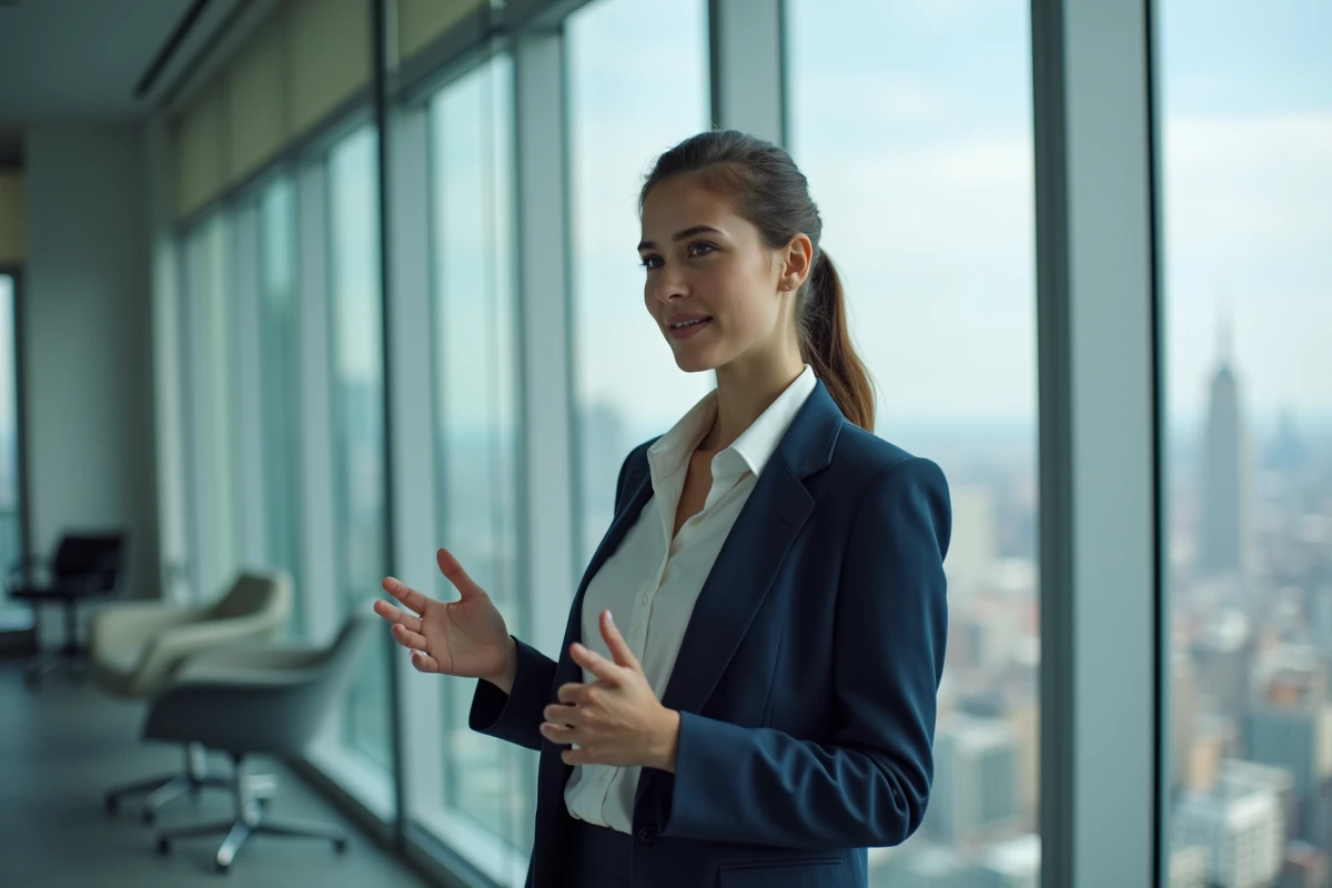 Jeune entrepreneure dans un bureau avec vue sur la ville