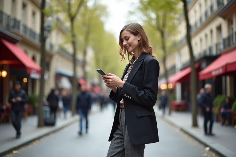 Jeune femme élégante à Paris portant un blazer et pantalon large