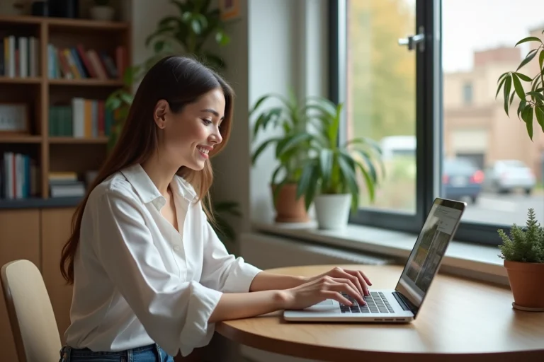 Jeune femme souriante recherche immobilier sur son ordinateur