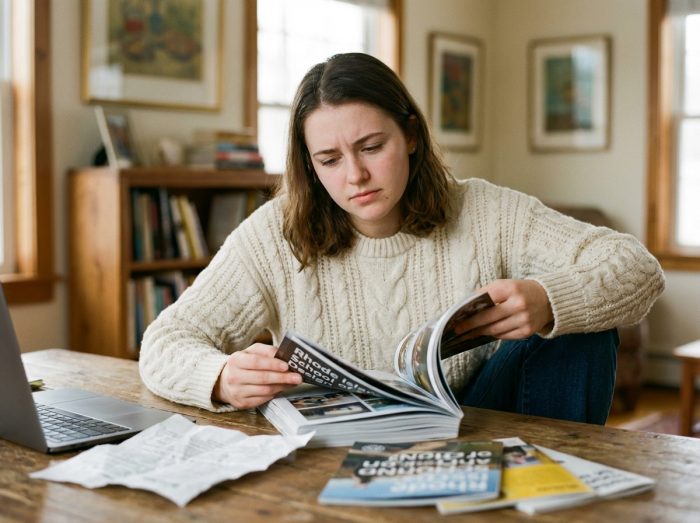 Jeune femme pensante feuilletant une brochure d'art