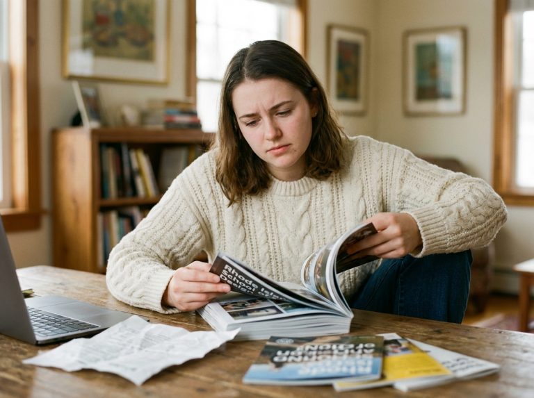 Jeune femme pensante feuilletant une brochure d'art