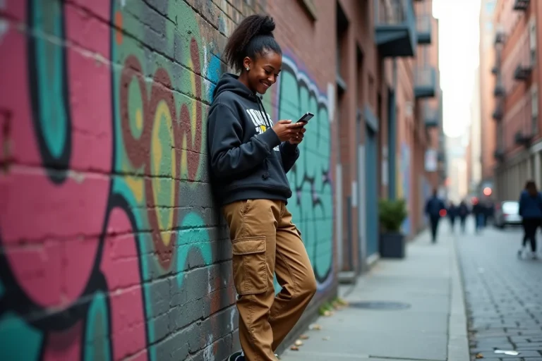 Jeune femme en streetwear devant un mur graffiti urbain