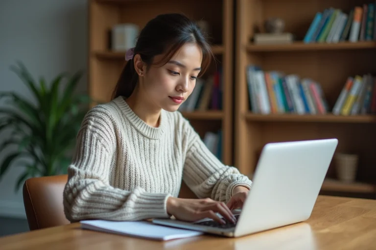 Jeune femme test d intelligence en ligne à la maison
