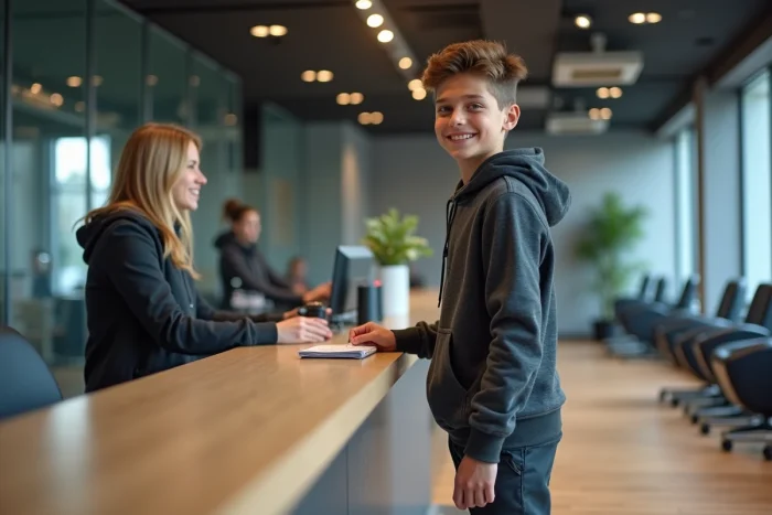 Adolescent souriant présentant sa carte d'identité au gym