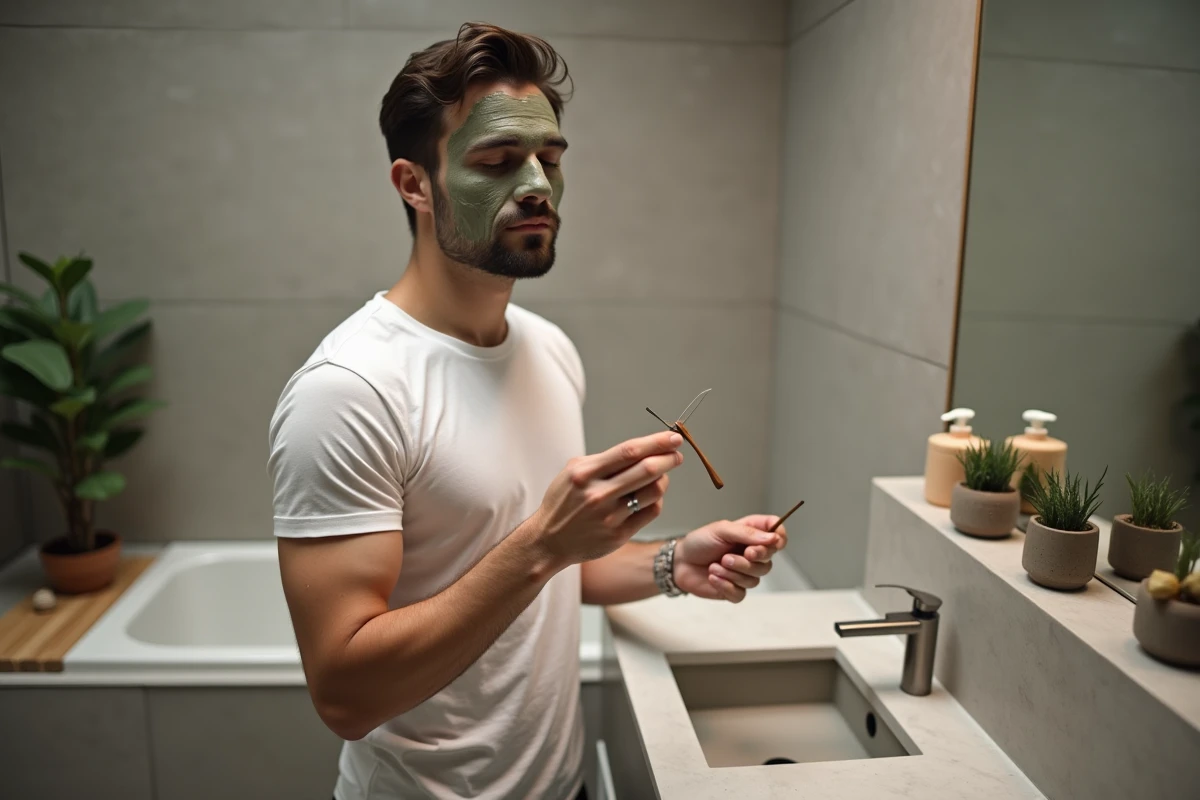 Jeune homme appliquant un masque d