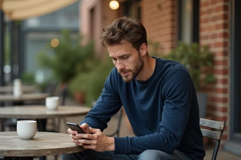 Jeune homme consultant son téléphone en terrasse de café, illustrant les rumeurs sur la vie privée d'un influenceur