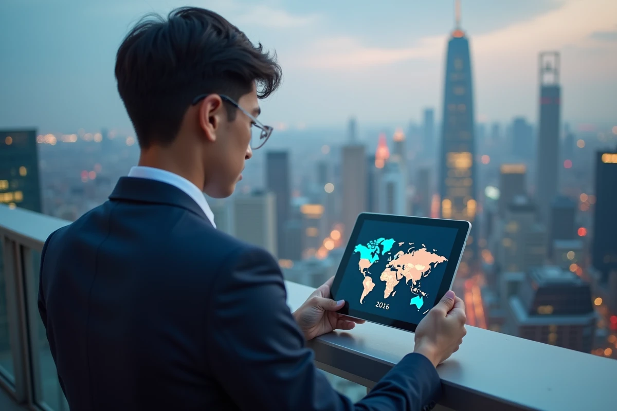 Jeune adulte tenant une tablette avec une carte du monde sur un toit