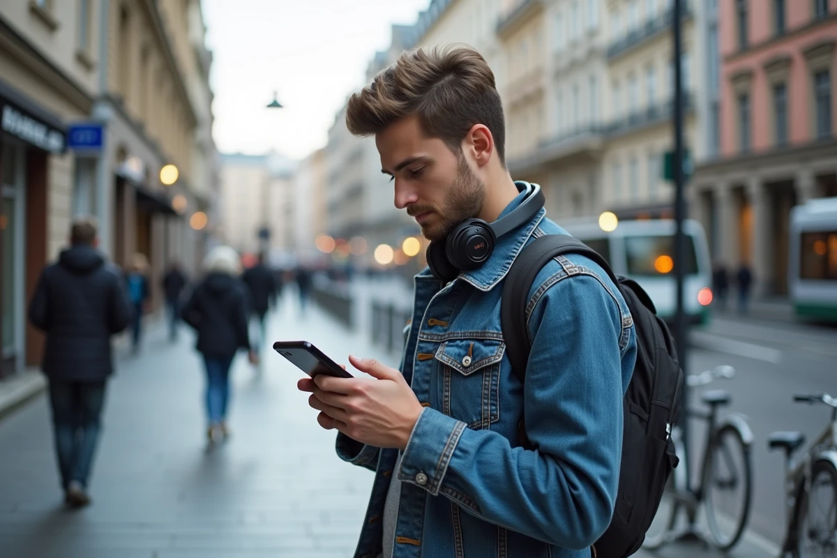 Jeune homme en ville vérifiant ses actualités sur smartphone