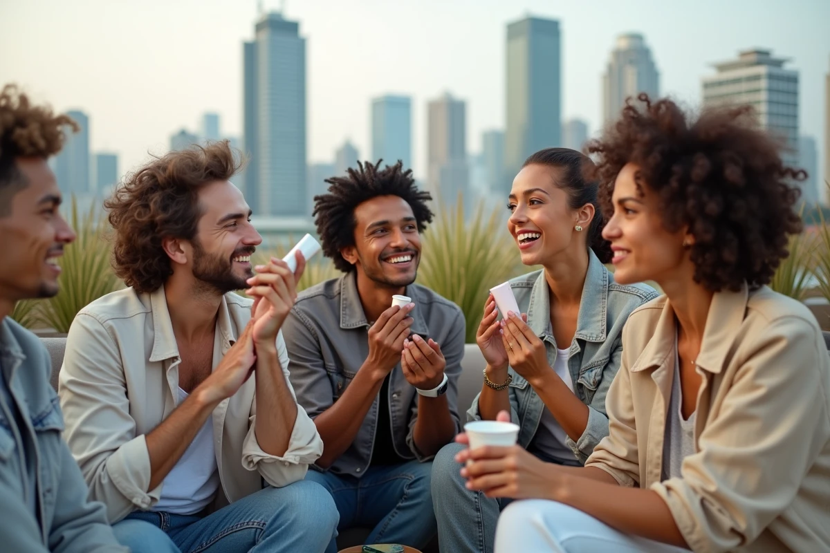 Groupe de jeunes discutant de soins et mode en rooftop