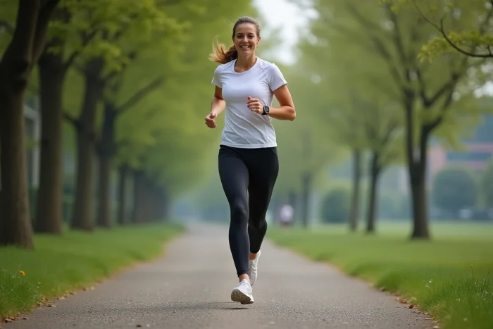 Femme faisant du jogging dans un parc urbain arboré lors d'une séance de sport matinale pour le bien-être