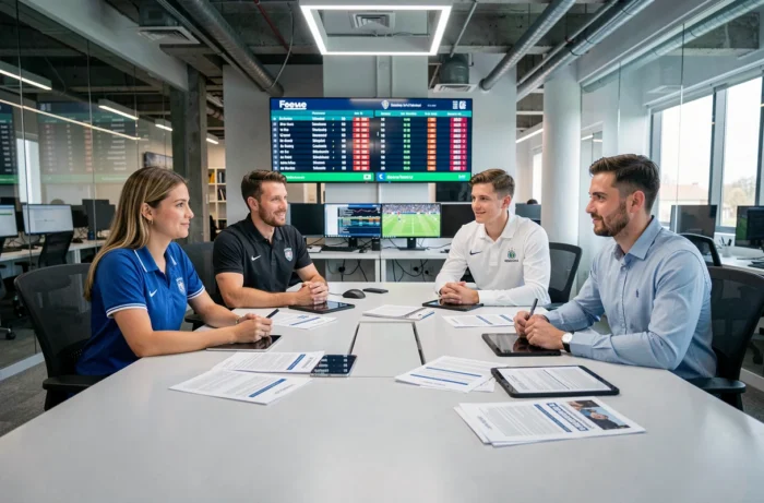 Équipe de journalistes sportifs analysant les dernières actualités et tendances du sport dans une salle de rédaction moderne