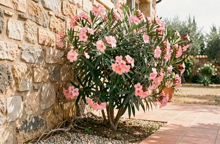 Laurier rose en pleine floraison planté près d'un mur en pierre, montrant les racines visibles à la base