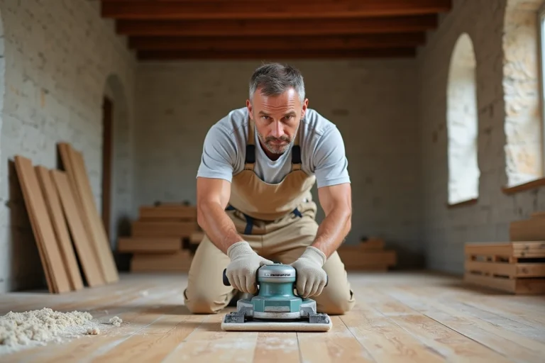 Homme utilisant une ponceuse à bande sur un parquet en bois dans un appartement en rénovation à Bordeaux