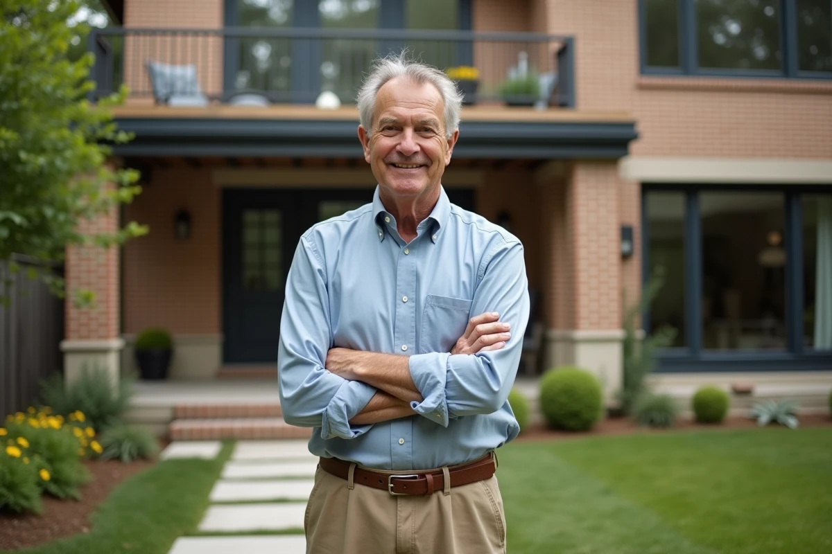 Homme souriant devant une maison rénovée avec jardin verdoyant