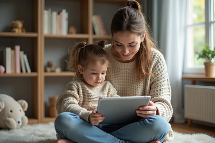 Maman et sa fille regardent une tablette dans un salon chaleureux
