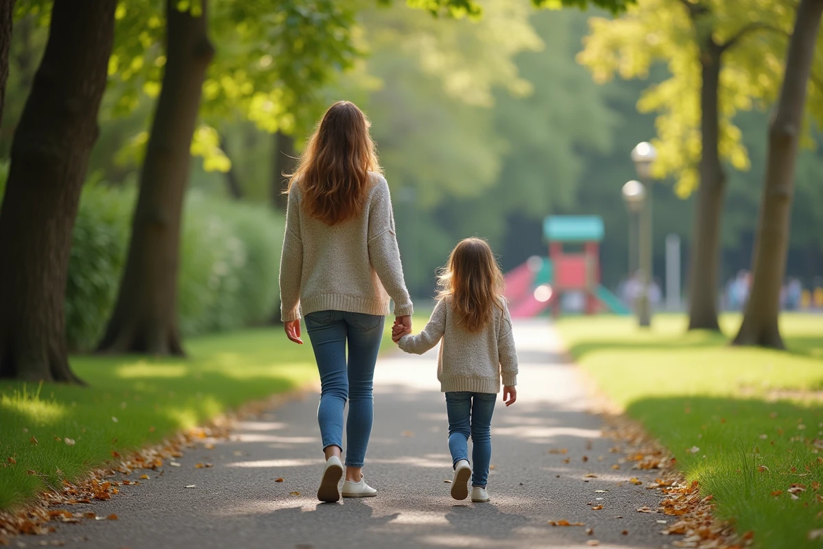 Mère et fille se promenant dans un parc urbain verdoyant