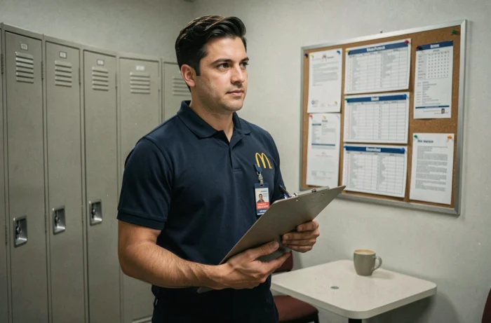 Manager McDonald's dans la salle de pause avec des plannings, évoquant les perspectives d'évolution et la hiérarchie salariale chez McDo