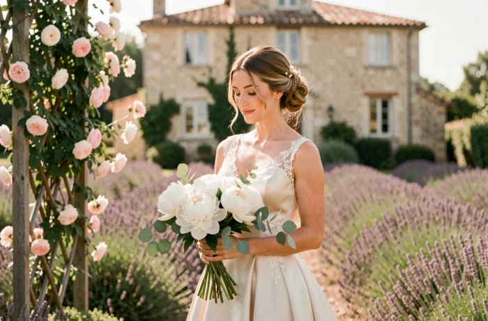 Mariée en robe ivoire tenant un bouquet de pivoines dans un jardin provençal devant un manoir en pierre