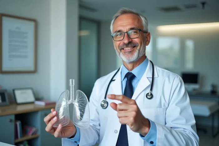Médecin tenant un modèle anatomique de poumon lors d'une consultation médicale