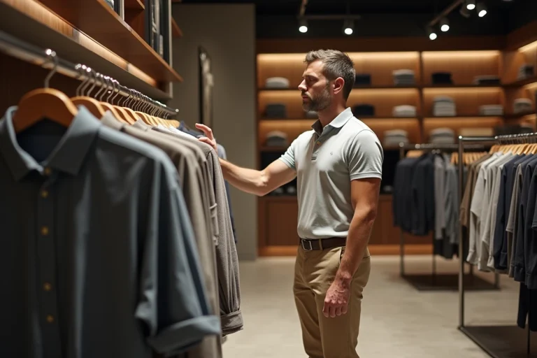 Un homme élégant explore une boutique de mode haut de gamme, évoquant l'univers des grandes marques de polo premium comme Lacoste et ses concurrents
