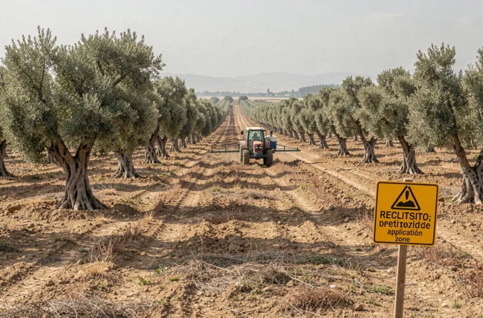 Oliveraie espagnole avec panneau d'avertissement de traitement phytosanitaire et tracteur pulvérisateur d'herbicide au fond