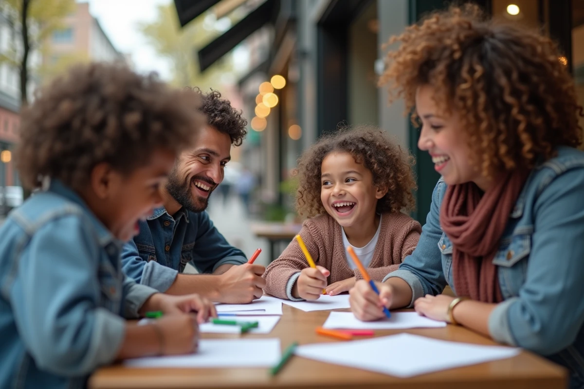 Parents et enfants dessinant ensemble à un café en ville