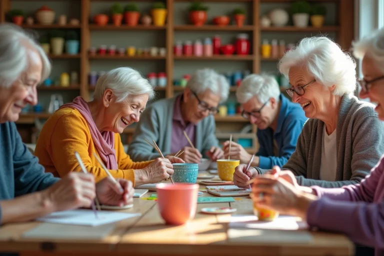 Groupe de seniors peignant de la céramique colorée dans un centre communautaire