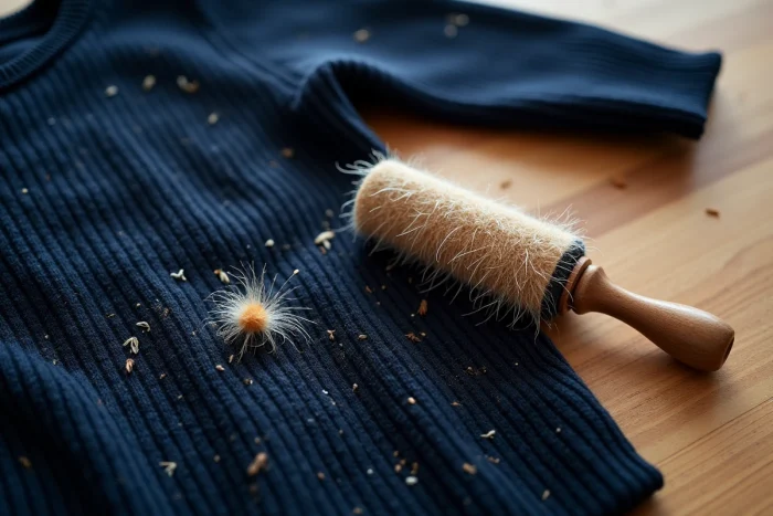 Poils de chat sur un pull en laine avec un rouleau adhésif pour les enlever