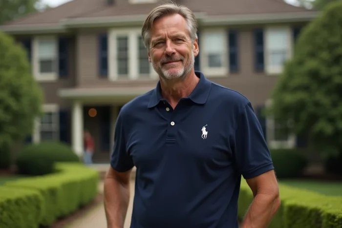 Homme portant un polo Ralph Lauren bleu marine avec le logo brodé du joueur de polo, devant une façade de maison de style New England