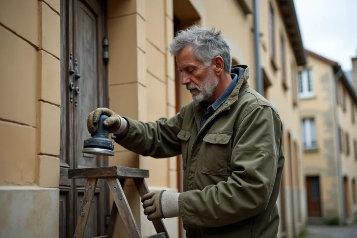 Artisan ponçant un encadrement de porte en bois sur une maison en pierre traditionnelle à Bordeaux avec une ponceuse de location