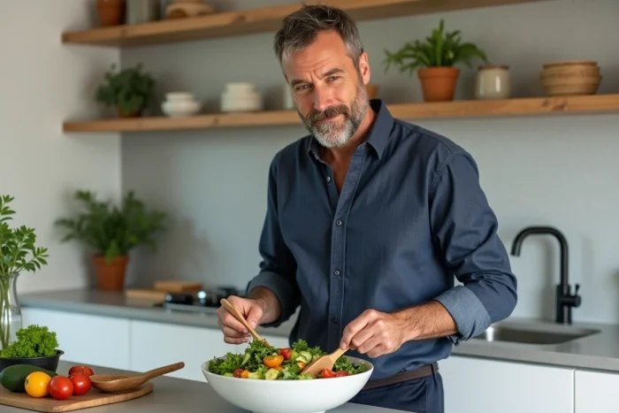 Homme préparant un bol de salade fraîche et colorée dans une cuisine moderne pour une alimentation saine