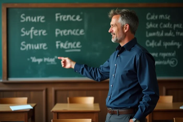 Enseignant de français expliquant la différence de conjugaison au tableau dans une salle de classe traditionnelle