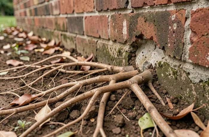Racines de laurier rose se propageant dans le sol près d'un mur en brique de jardin