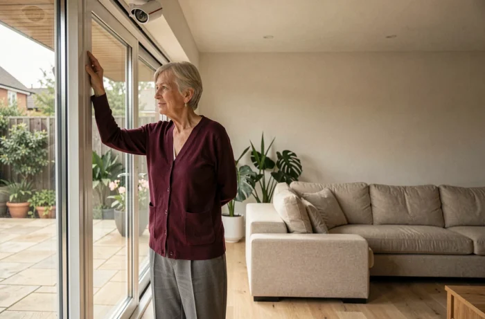Femme senior réglant une caméra de surveillance intérieure au-dessus d'une porte-fenêtre de salon