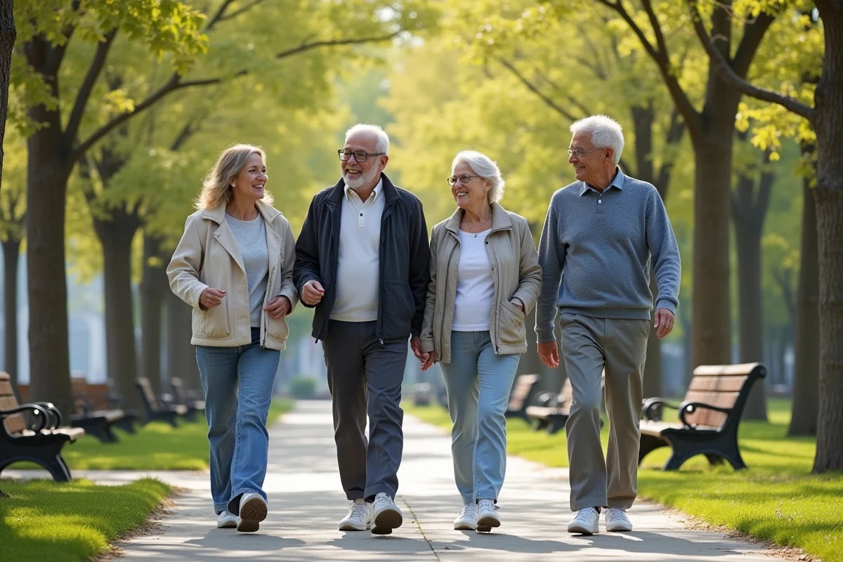 Groupe de seniors marchant dans un parc ensoleille
