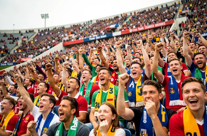 Supporters passionnés dans un stade de sport plein lors d'un match important, représentant l'engouement pour les tendances sportives actuelles