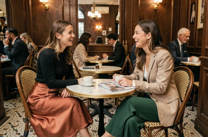 Deux femmes tendance attablées dans un café parisien, portant des tenues mode de saison aux couleurs automnales