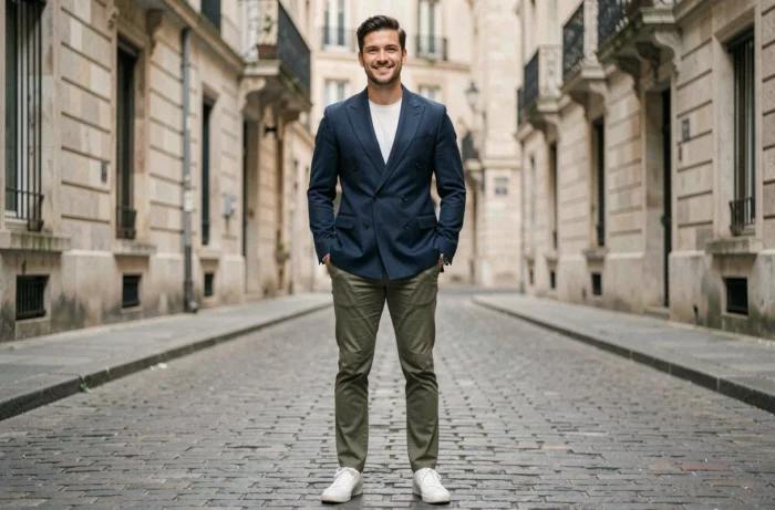 Homme stylé en blazer marine et sneakers blancs dans une rue pavée européenne, tendances mode masculine de saison