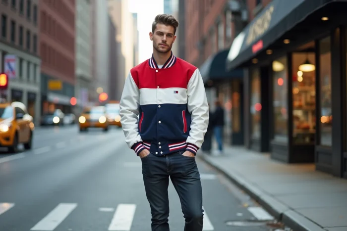 Jeune homme en veste varsity Tommy Hilfiger aux couleurs rouge, blanc et bleu dans une rue urbaine américaine animée