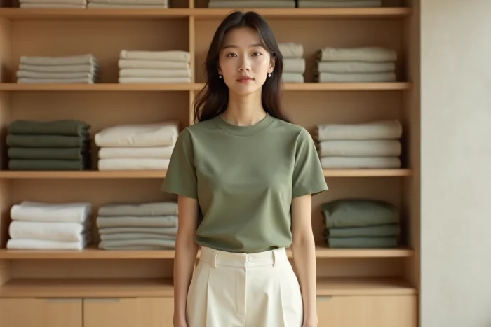 Jeune femme en T-shirt Supima Uniqlo vert olive et pantalon blanc cassé dans un espace de vente minimaliste au style japonais