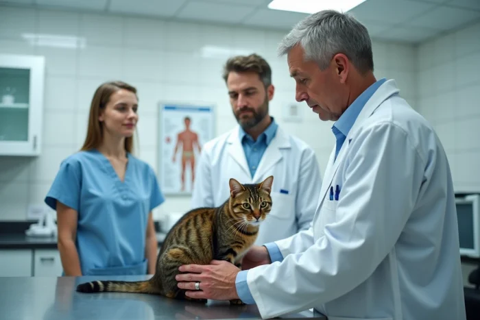 Vétérinaire examinant un chat tigré en consultation pendant que ses propriétaires observent, illustrant l'importance de l'assurance santé animale